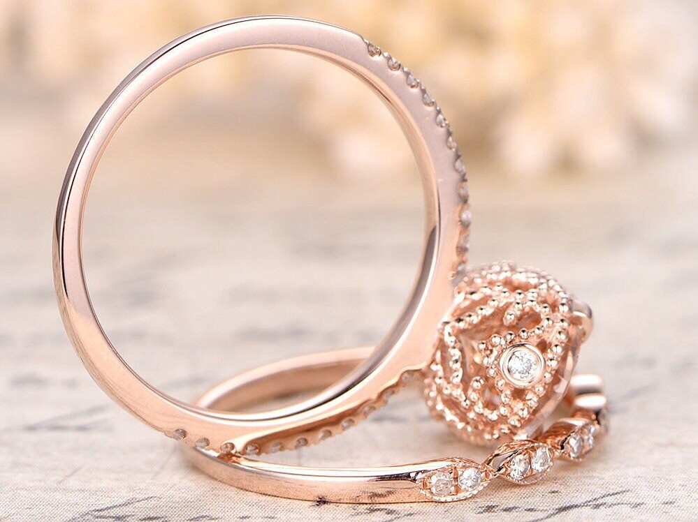 9x11mm Oval Cut Morganite Engagement Ring Set 2pcs 14K Rose Gold Diamond Half Eternity Solitaire | Thin Matching Band