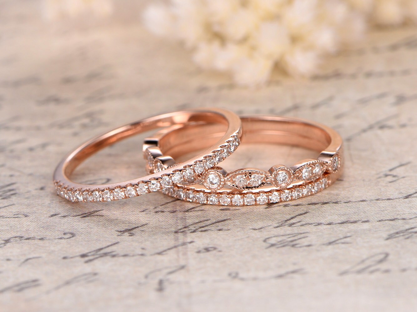 Diamond Wedding Band Set 3pcs 14k Rose Gold | Two Thin Band | One Art Deco Band