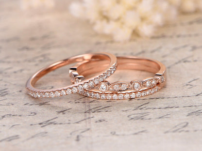 Diamond Wedding Band Set 3pcs 14k Rose Gold | Two Thin Band | One Art Deco Band