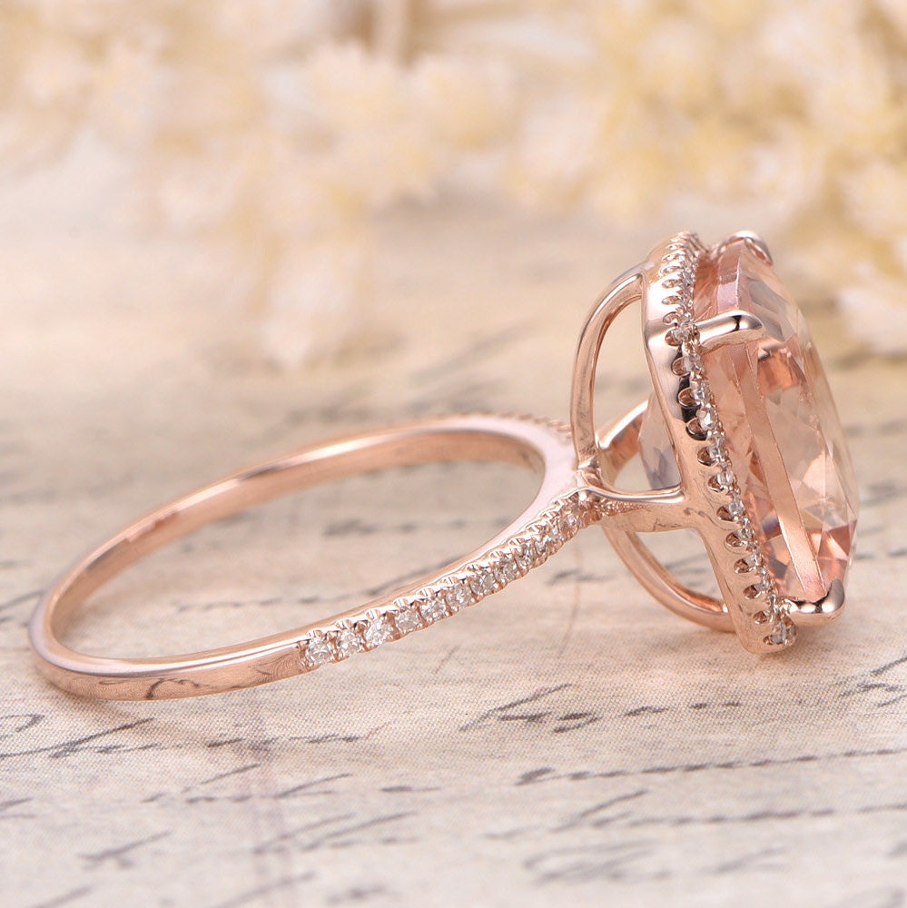 Bague en or rose 14 carats sertie de morganite, bague de fiançailles pavée de diamants, alliance avec halo de diamants, morganite taille coussin 10x12 mm