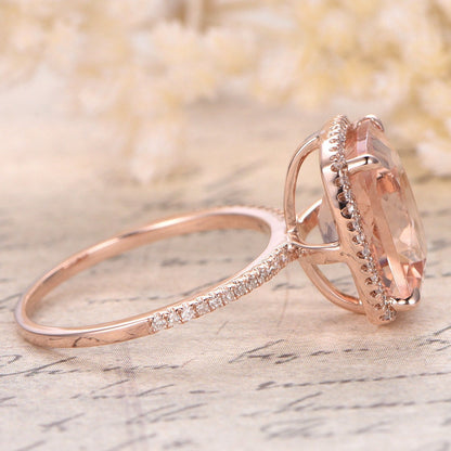 Bague en or rose 14 carats sertie de morganite, bague de fiançailles pavée de diamants, alliance avec halo de diamants, morganite taille coussin 10x12 mm