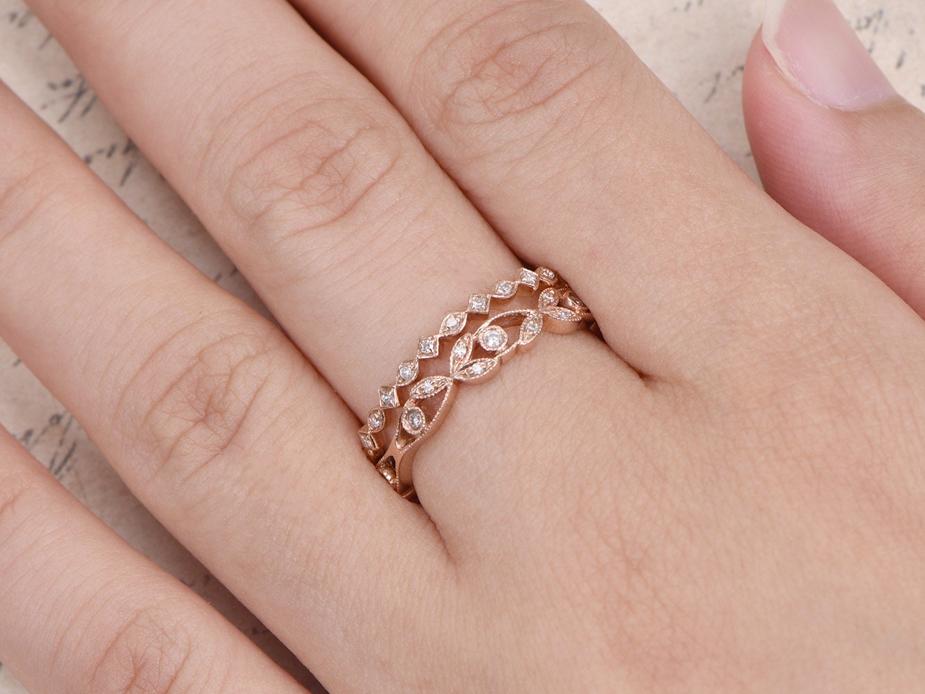 diamond-wedding-band-set-2pcs-14k-rose-gold-full-eternity-band-bezel-art-deco-design