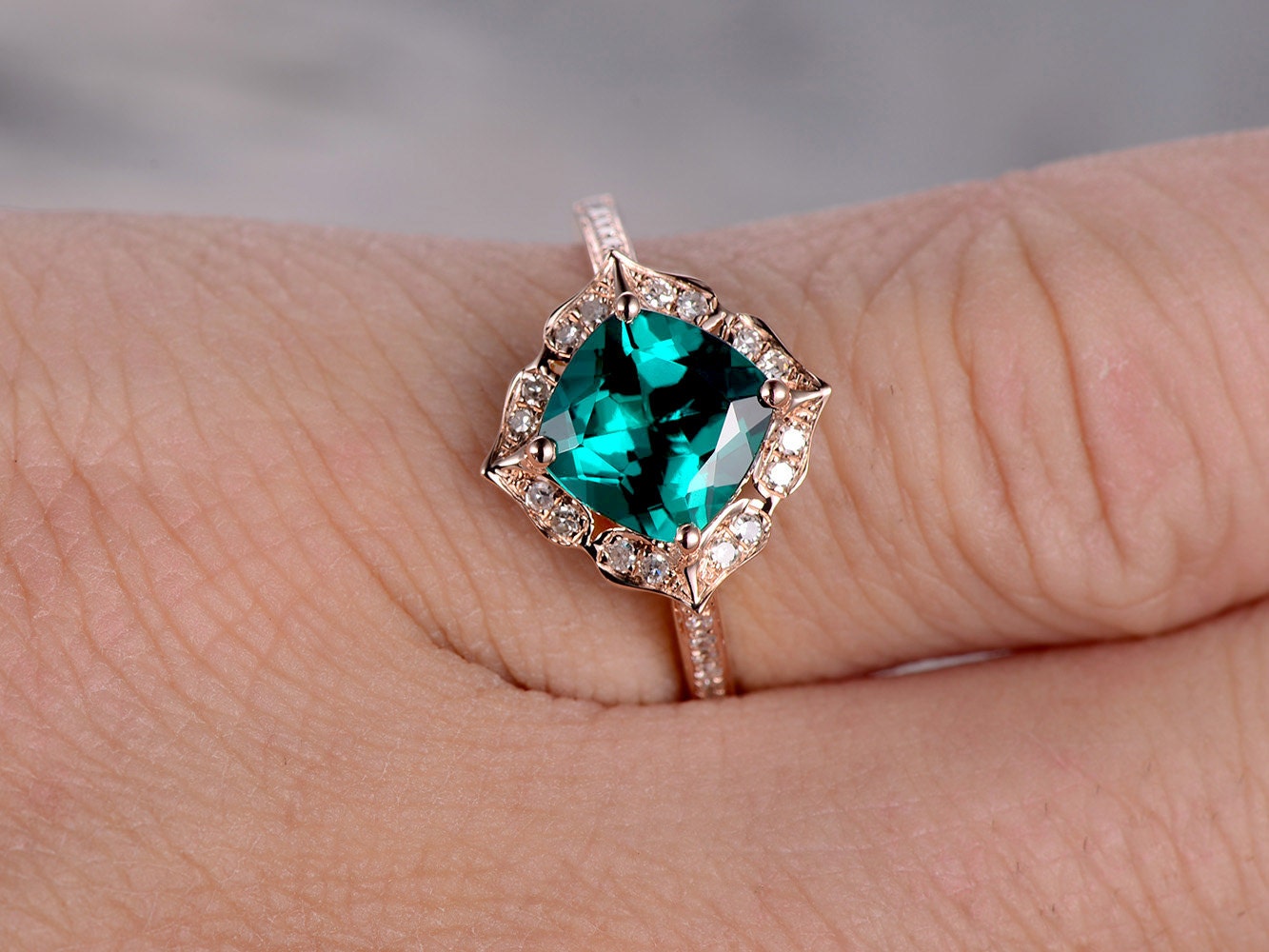 Bague de fiançailles émeraude, émeraude taille coussin 7 mm, alliance, pierre de naissance de mai, alliance pavée de diamants, or rose 14 carats