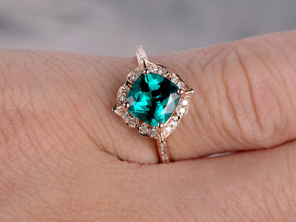 Bague de fiançailles émeraude, émeraude taille coussin 7 mm, alliance, pierre de naissance de mai, alliance pavée de diamants, or rose 14 carats
