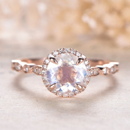 7mm Round Cut Moonstone Engagement Ring 14K Rose Gold Diamond Halo Art Deco Design