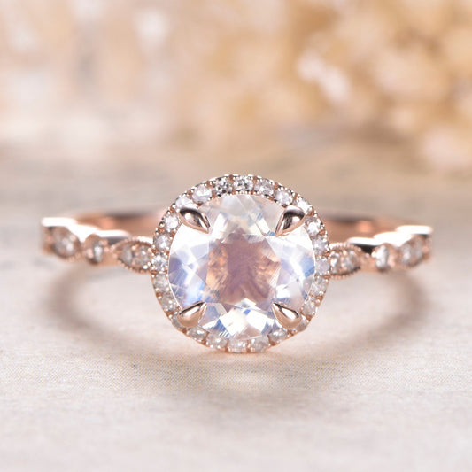 7mm Round Cut Moonstone Engagement Ring 14K Rose Gold Diamond Halo Art Deco Design
