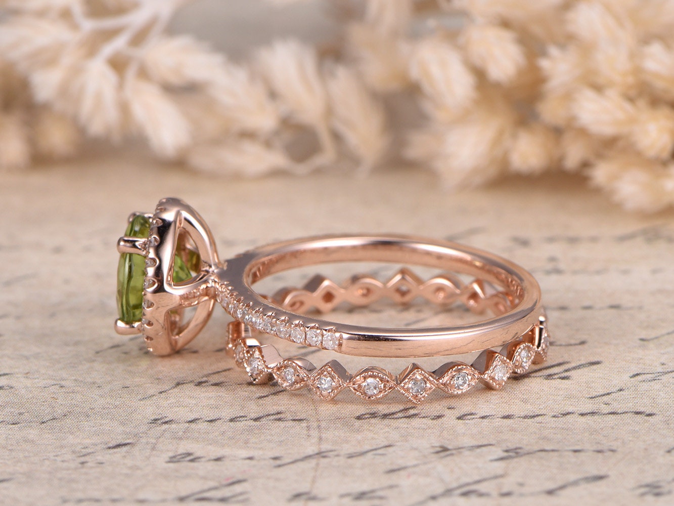 7mm Round Cut Peridot Engagement Ring Set 2pcs 14K Yellow Gold Diamond Halo | Full Eternity Art Deco Matching Band