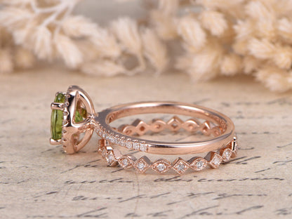 7mm Round Cut Peridot Engagement Ring Set 2pcs 14K Yellow Gold Diamond Halo | Full Eternity Art Deco Matching Band