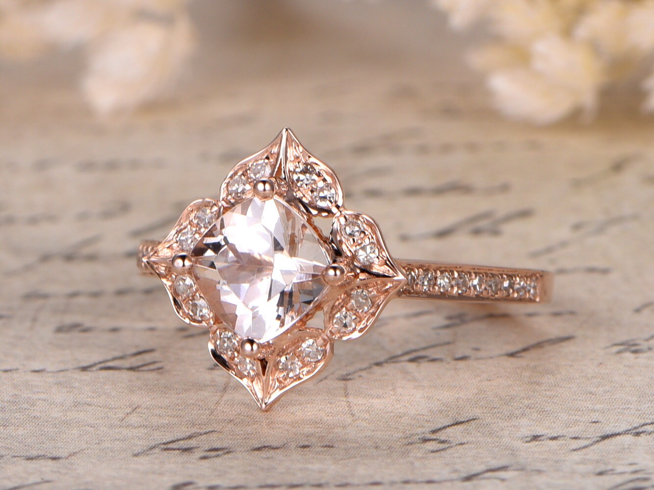 6.5mm-cushion-cut-morganite-engagement-ring-14k-rose-gold-floral-leaf-diamond-halo-half-eternity