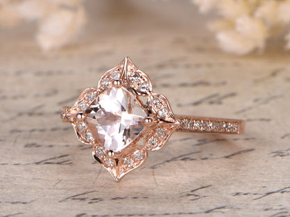 6.5mm-cushion-cut-morganite-engagement-ring-14k-rose-gold-floral-leaf-diamond-halo-half-eternity