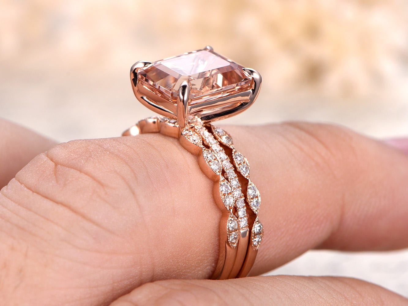 9x11mm Emerald Cut Morganite Engagement Ring Set 3pcs Solitaire | Two Art Deco Matching Band