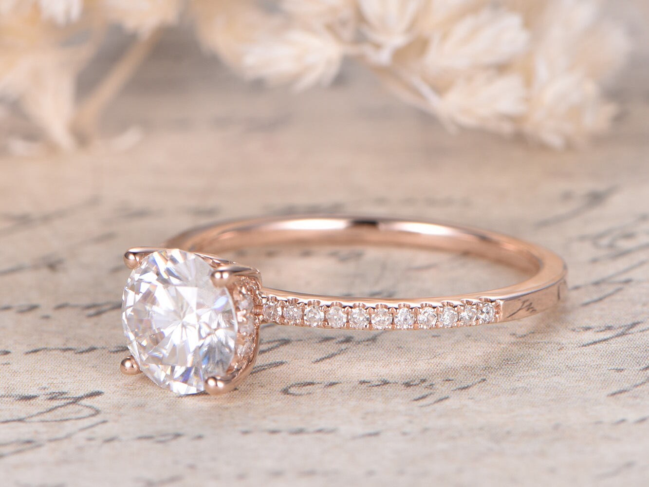 Bague en moissanite, or rose 14 carats, bague de fiançailles en moissanite, alliance en diamant, bague de mariage style Art déco, bague de mariée en moissanite de 7 mm