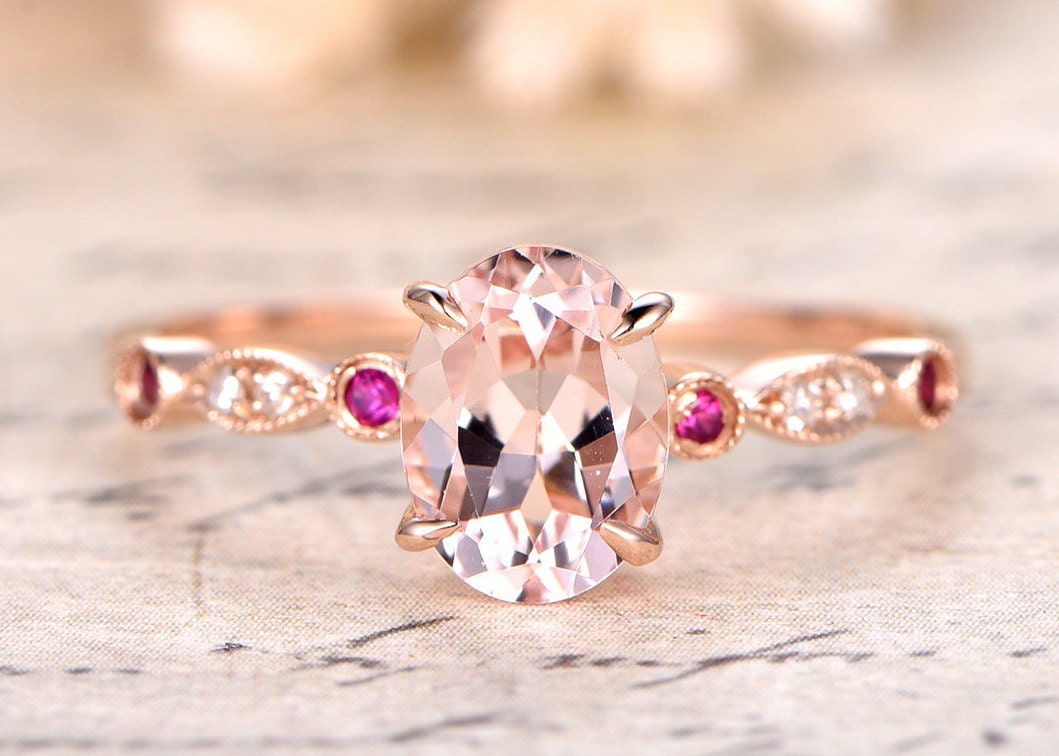 6x8mm Oval Cut Morganite Engagement Ring 14K Rose Gold Ruby & Diamond Side Stone Art Deco Design
