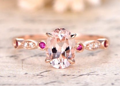 6x8mm Oval Cut Morganite Engagement Ring 14K Rose Gold Ruby & Diamond Side Stone Art Deco Design