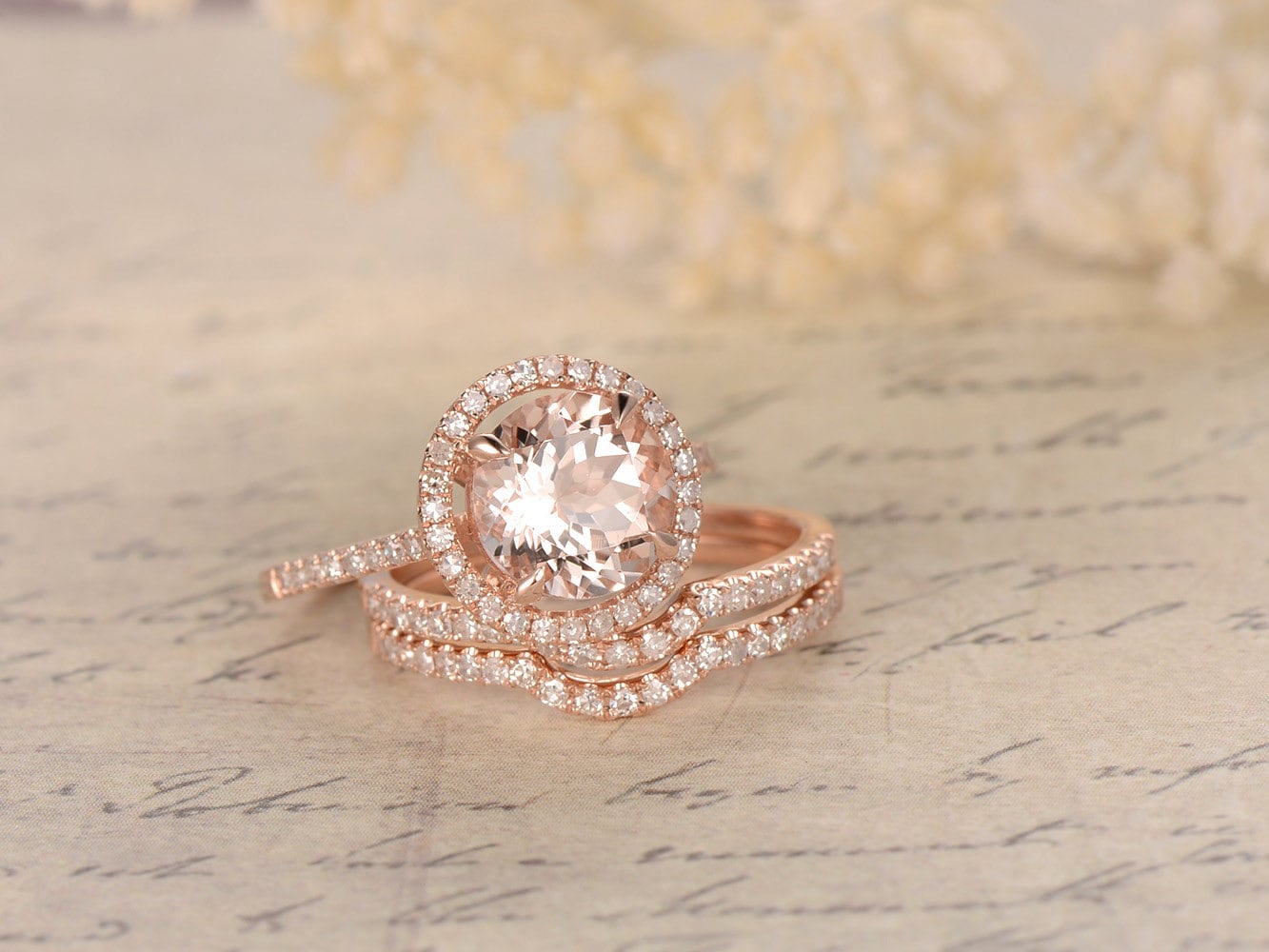 8mm Round Cut Morganite Engagement Ring Set 3pcs 14K Rose Gold Diamond Halo Half Eternity | Two Curved Band