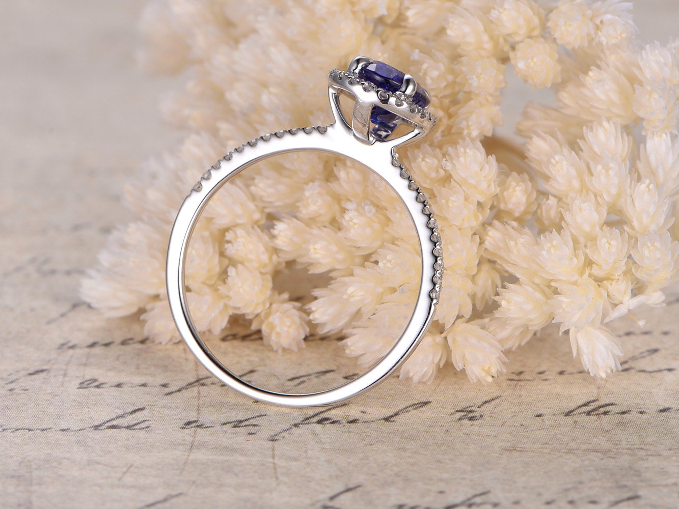 6x8mm Oval Cut Tanzanite Engagement Ring 14K White Gold Diamond Halo Half Eternity