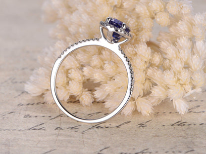 6x8mm Oval Cut Tanzanite Engagement Ring 14K White Gold Diamond Halo Half Eternity