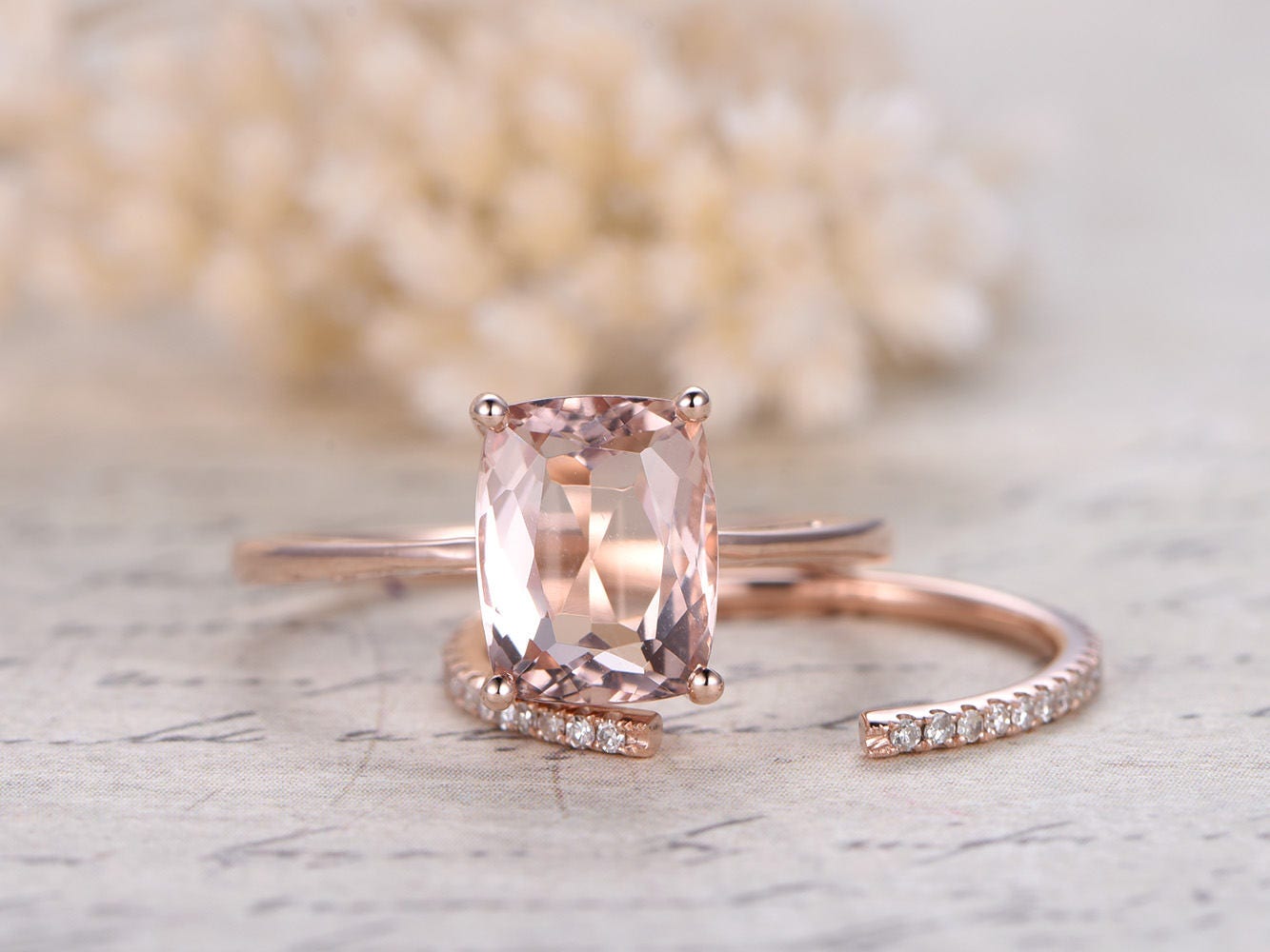 7x9mm Cushion Cut Morganite Engagement Ring Set 2pcs 14K Rose Gold Solitaire | Opening Thin Matching Band