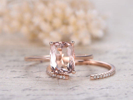 7x9mm Cushion Cut Morganite Engagement Ring Set 2pcs 14K Rose Gold Solitaire | Opening Thin Matching Band