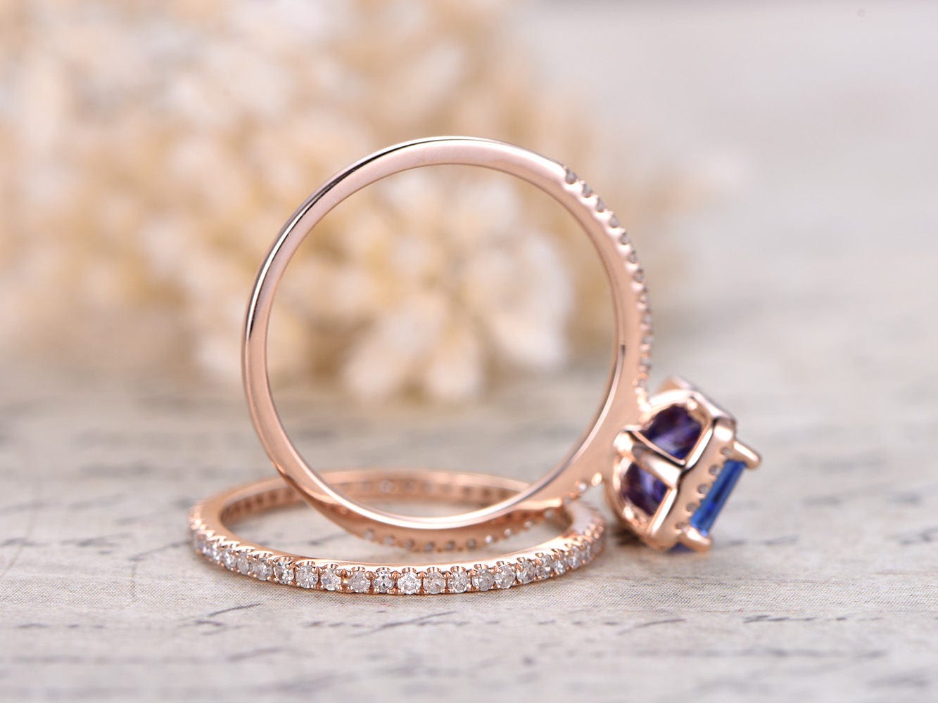 5X7mm Emerald Cut Tanzanite Engagement Ring Set 2pcs 14K Rose Gold Diamond Halo