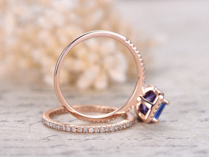 5X7mm Emerald Cut Tanzanite Engagement Ring Set 2pcs 14K Rose Gold Diamond Halo