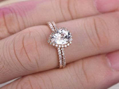 6x8mm-pear-cut-white-topaz-engagement-ring-set-2pcs-14k-rose-gold-curved-diamond-half-eternity-band-halo-curved-matching-band