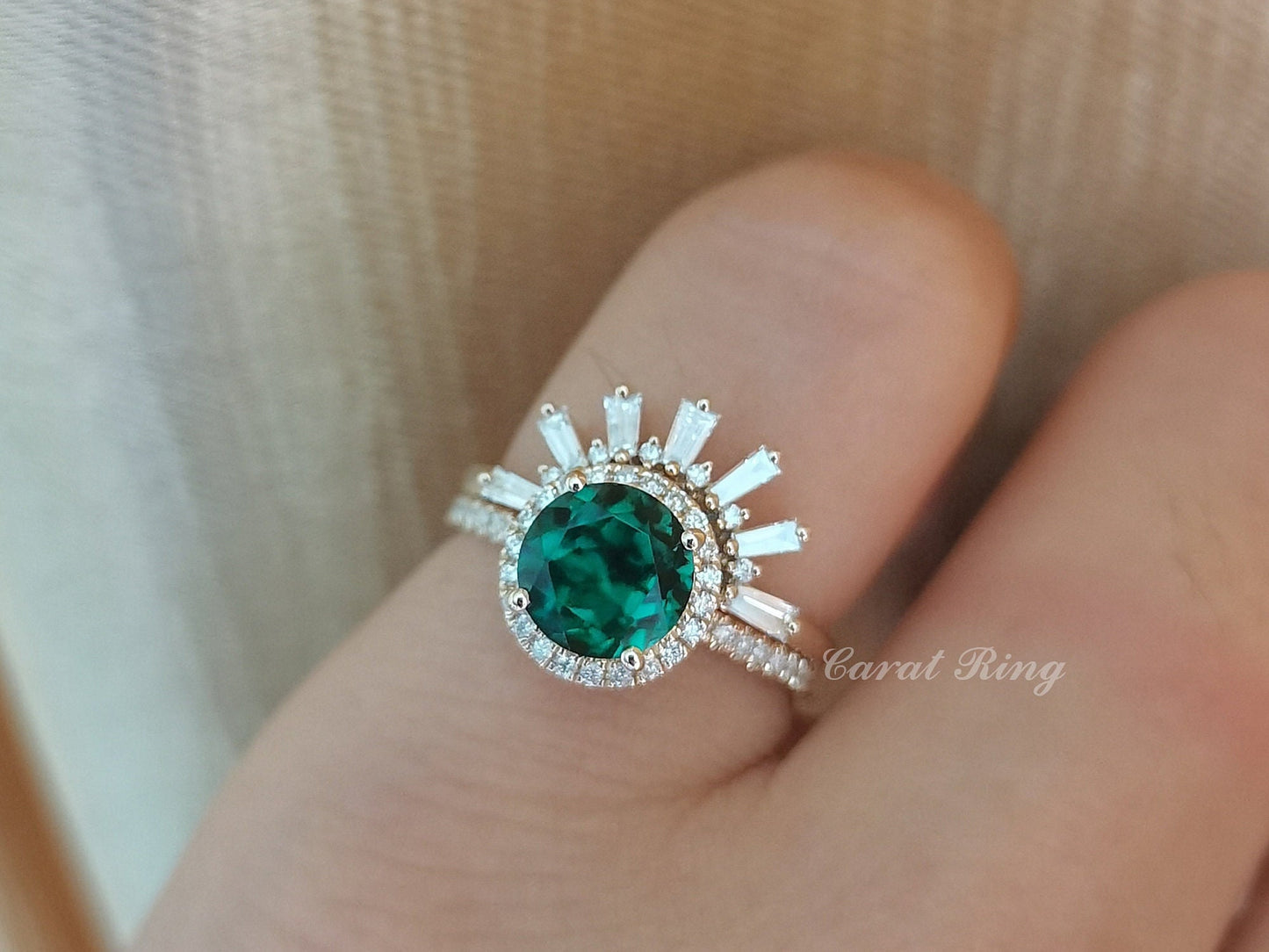 Bague de fiançailles en émeraude, bague en émeraude ronde de 7 mm, alliance VintageCrown en diamants, ensemble de 2 bagues en or rose 14 carats, bague d'anniversaire