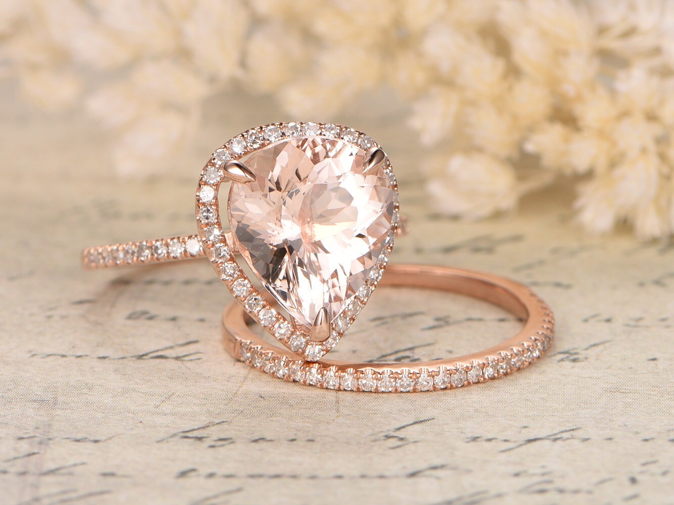 Ensemble de bagues de fiançailles en or rose et morganite, bague en morganite rose, alliance en diamant, demi-alliance, ensemble de bagues de mariage, ensemble de 2 bagues de mariée