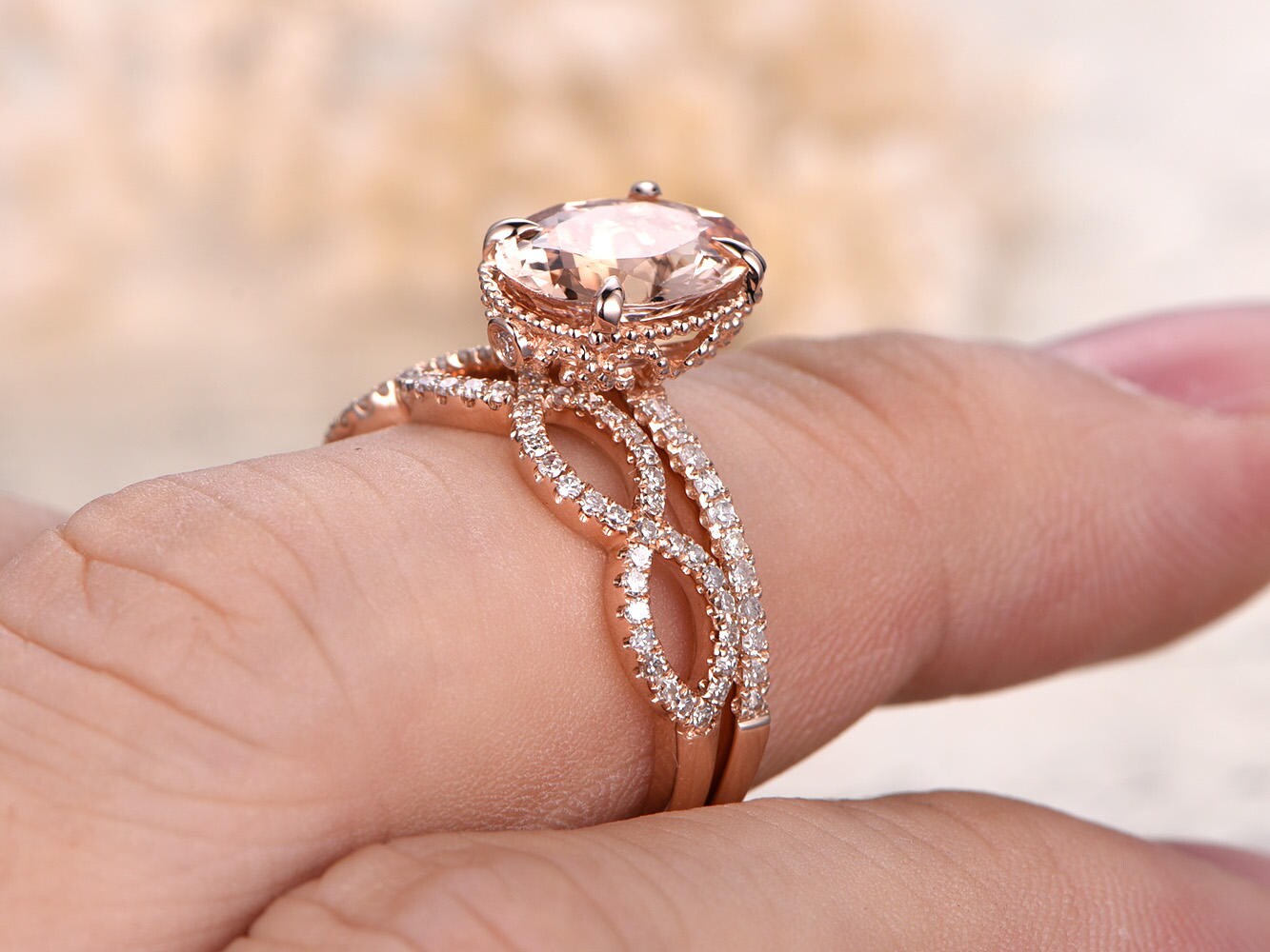 Bague de fiançailles en morganite ovale 9x11 mm, bague en morganite rose, alliance, anneau en or rose 14 carats serti de diamants, ensemble de 2 bagues, anneau fendu