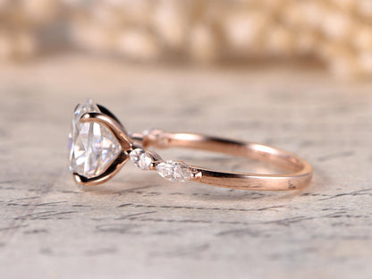Bague de fiançailles en or rose 14 carats, solitaire unique, ornée d'une moissanite ovale 7x9 mm. Bague de mariage antique en or rose 14 carats.