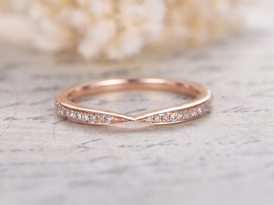 Alliance incurvée à chevrons, alliance torsadée, demi-alliance, alliance Art déco, bague empilable style vintage en or rose 14 carats