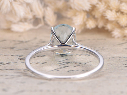 Bague de fiançailles VS en or blanc 14 carats, demi-alliance sertie de diamants, style cathédrale, aigue-marine ovale 7x9 mm.