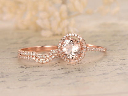 8mm Round Cut Morganite Engagement Ring Set 3pcs 14K Rose Gold Diamond Halo Half Eternity | Two Curved Band
