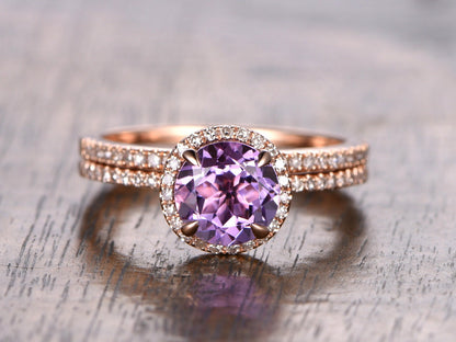 6.5mm Round Cut Amethyst Engagement Ring 2pcs 14K Rose Gold Half Eternity Band Design