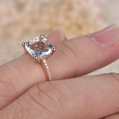 Bague en aigue-marine 8 mm, sertie de diamants taille coussin, bague de fiançailles, pierre de naissance de mars, or rose 14 carats, alliance sertie de diamants.