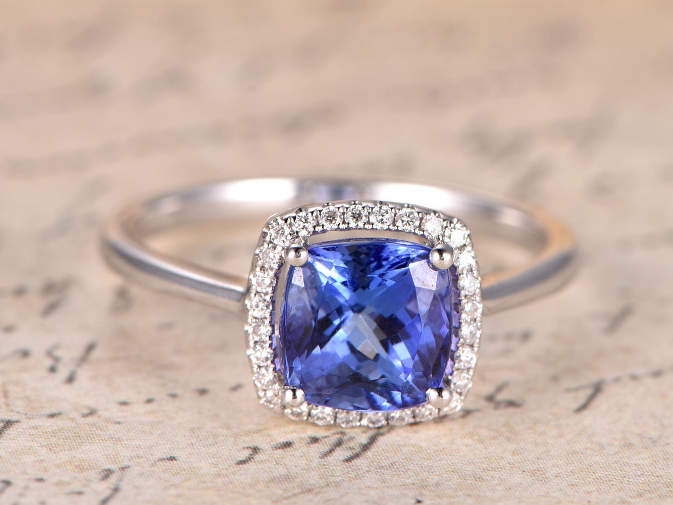 7.5mm Cushion Cut Tanzanite Engagement Ring 14K White Gold Diamond Halo