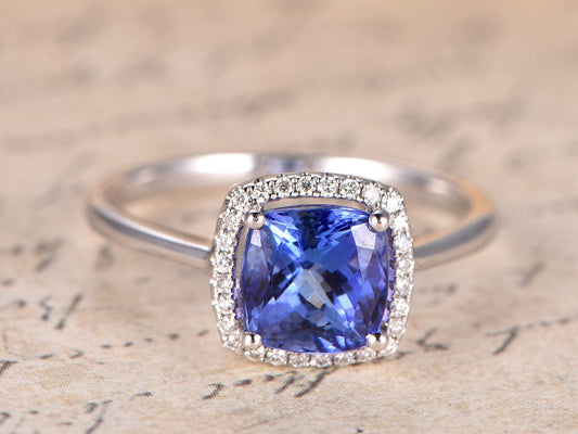 7.5mm Cushion Cut Tanzanite Engagement Ring 14K White Gold Diamond Halo