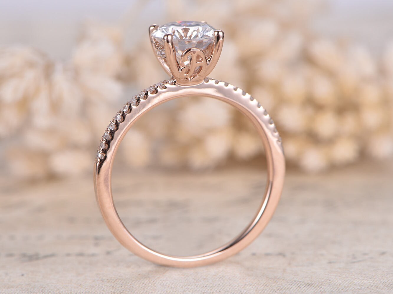 Bague en moissanite, or rose 14 carats, bague de fiançailles en moissanite, alliance en diamant, bague de mariage style Art déco, bague de mariée en moissanite de 7 mm