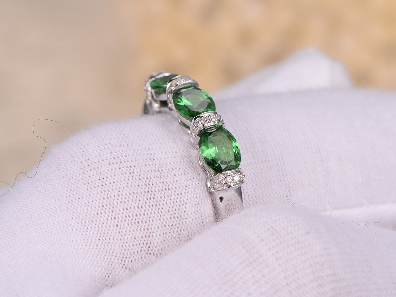Triple 4x5mm Oval Cut Tsavorite Engagement Ring 14K White Gold