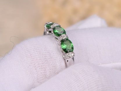 Triple 4x5mm Oval Cut Tsavorite Engagement Ring 14K White Gold