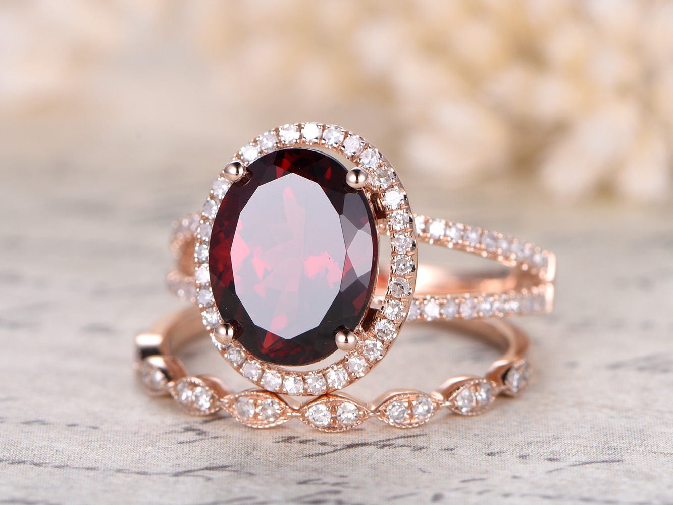 8x10mm Oval Cut Red Garnet Engagement Ring Set 2pcs 14K Rose Gold Diamond Halo Split Shank and Art Deco Band