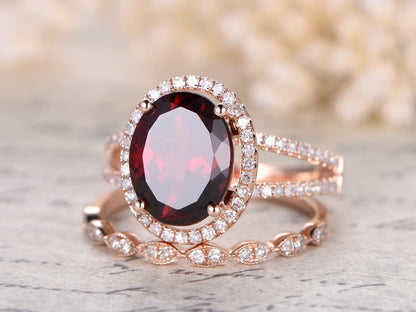 8x10mm Oval Cut Red Garnet Engagement Ring Set 2pcs 14K Rose Gold Diamond Halo Split Shank and Art Deco Band