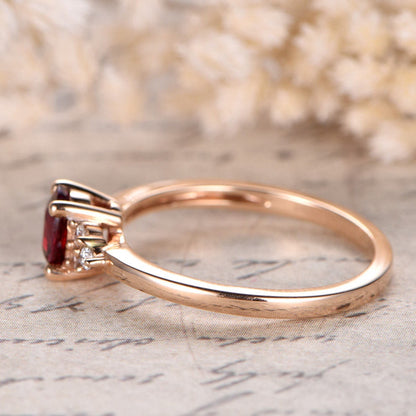 Bague de fiançailles en or rose 14 carats avec rubis rouge VS, anneau simple, bague de promesse en diamant, bague avec rubis ovale traité en laboratoire, alliance en diamant.