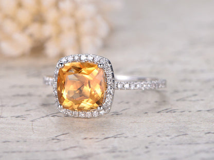 8mm Cushion Cut Citrine Engagement Ring 14K White Gold Diamond Halo Design Half Eternity