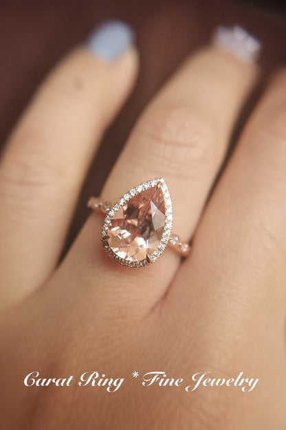Bague de fiançailles en morganite taille poire, alliance style Art déco antique, pierre précieuse 8x12mm, bague de promesse, bague halo diamant, bague de mariée en or rose 14 carats