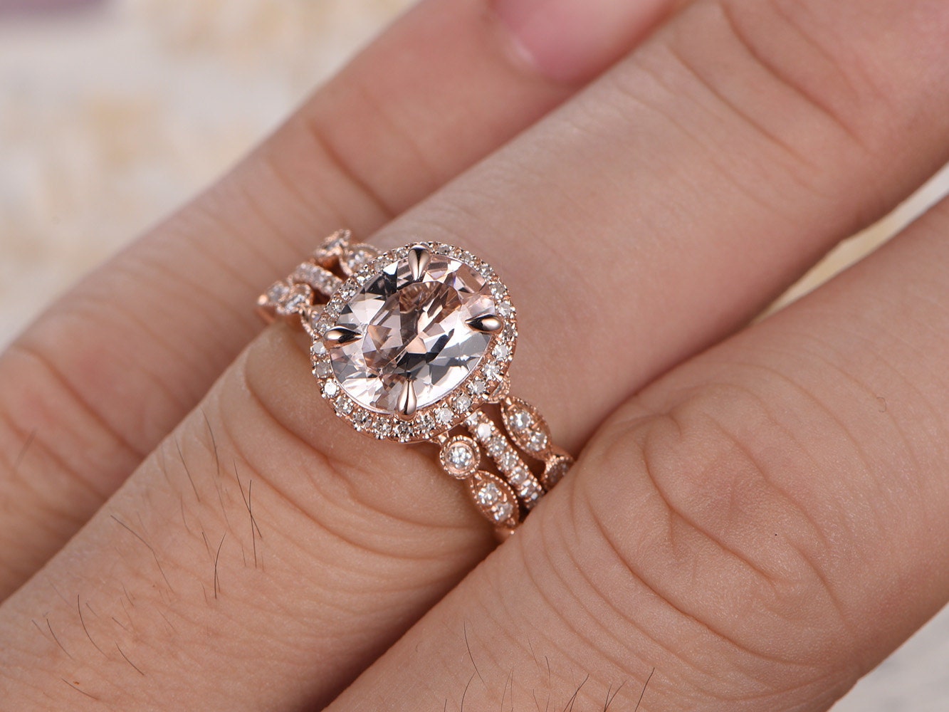 7x9mm-oval-cut-morganite-engagement-ring-set-3pcs-14k-rose-gold-diamond-halo-half-eternity-two-art-deco-matching-band