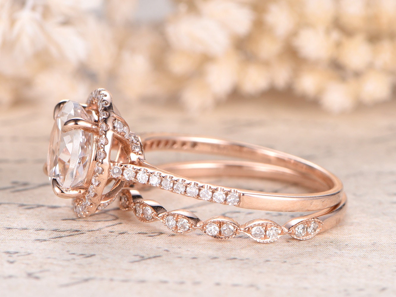 8mm Round Cut White Topaz Engagement Ring Set 2pcs 14K Rose Gold Diamond Halo | Curved Art Deco Matching Band
