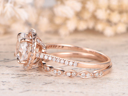 8mm Round Cut White Topaz Engagement Ring Set 2pcs 14K Rose Gold Diamond Halo | Curved Art Deco Matching Band