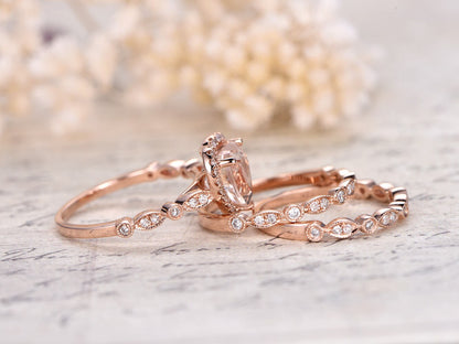 8mm Heart Cut Morganite Engagement Ring Set 3pcs 14K Rose Gold Diamond Halo | Two Art Deco Matching Band