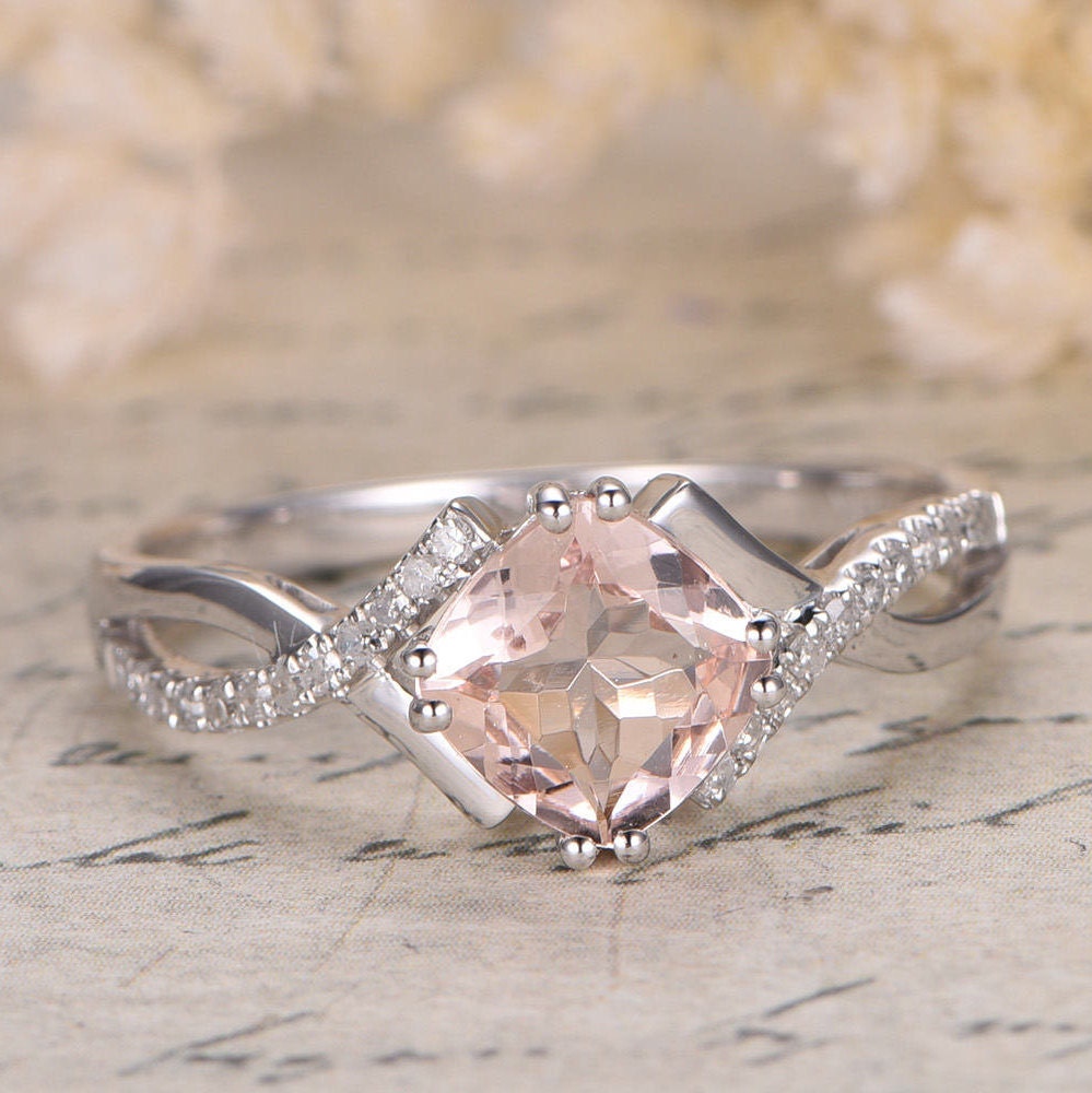 Bague en or rose 14 carats avec morganite rose de 8 mm, alliance torsadée à anneau fendu, bague de fiançailles avec morganite coussin et diamant naturel SI-H